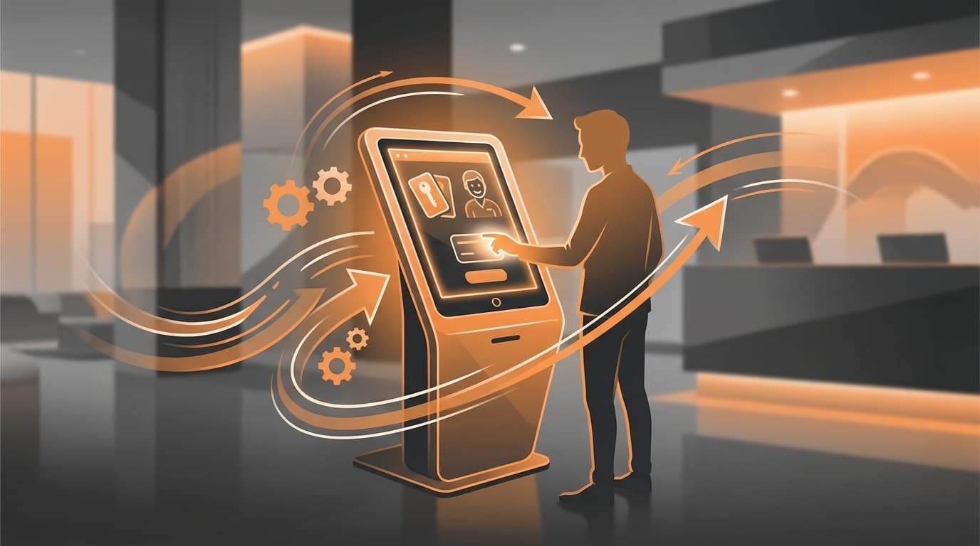 セルフチェックインキオスクでゲストがタッチスクリーン操作する様子を描いたイラスト